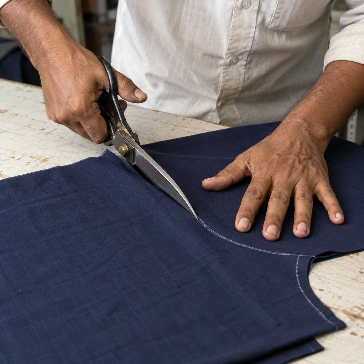 AI-generated illustrative image: Tailor cutting navy cotton along a chalk line