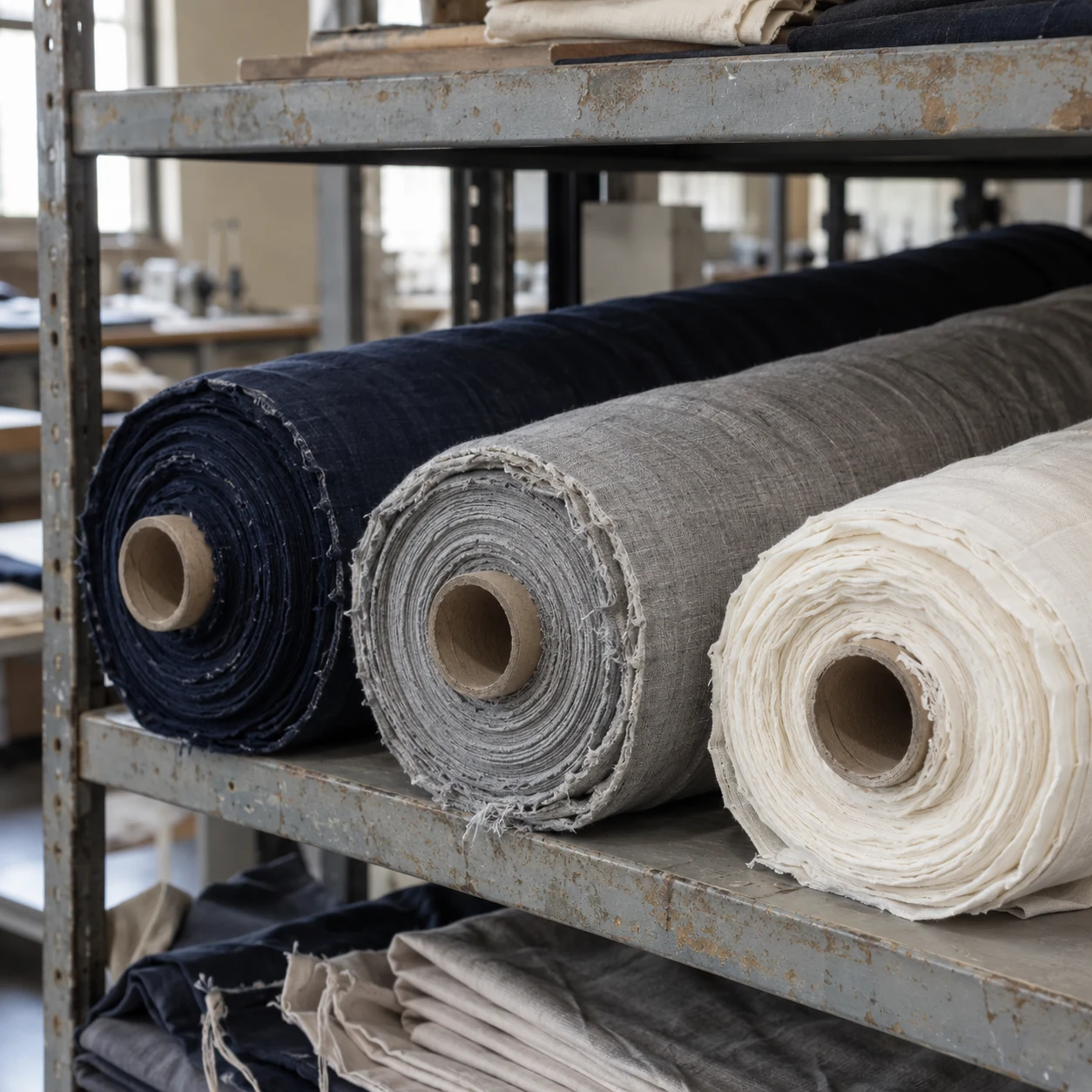 AI-generated illustrative image: Cotton fabric rolls on a workshop shelf
