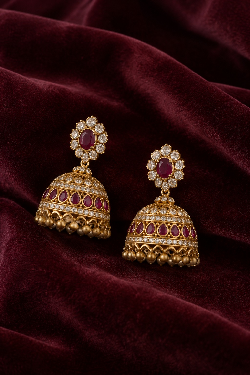 Handcrafted Indian jhumka earrings with ruby stones on deep burgundy velvet
