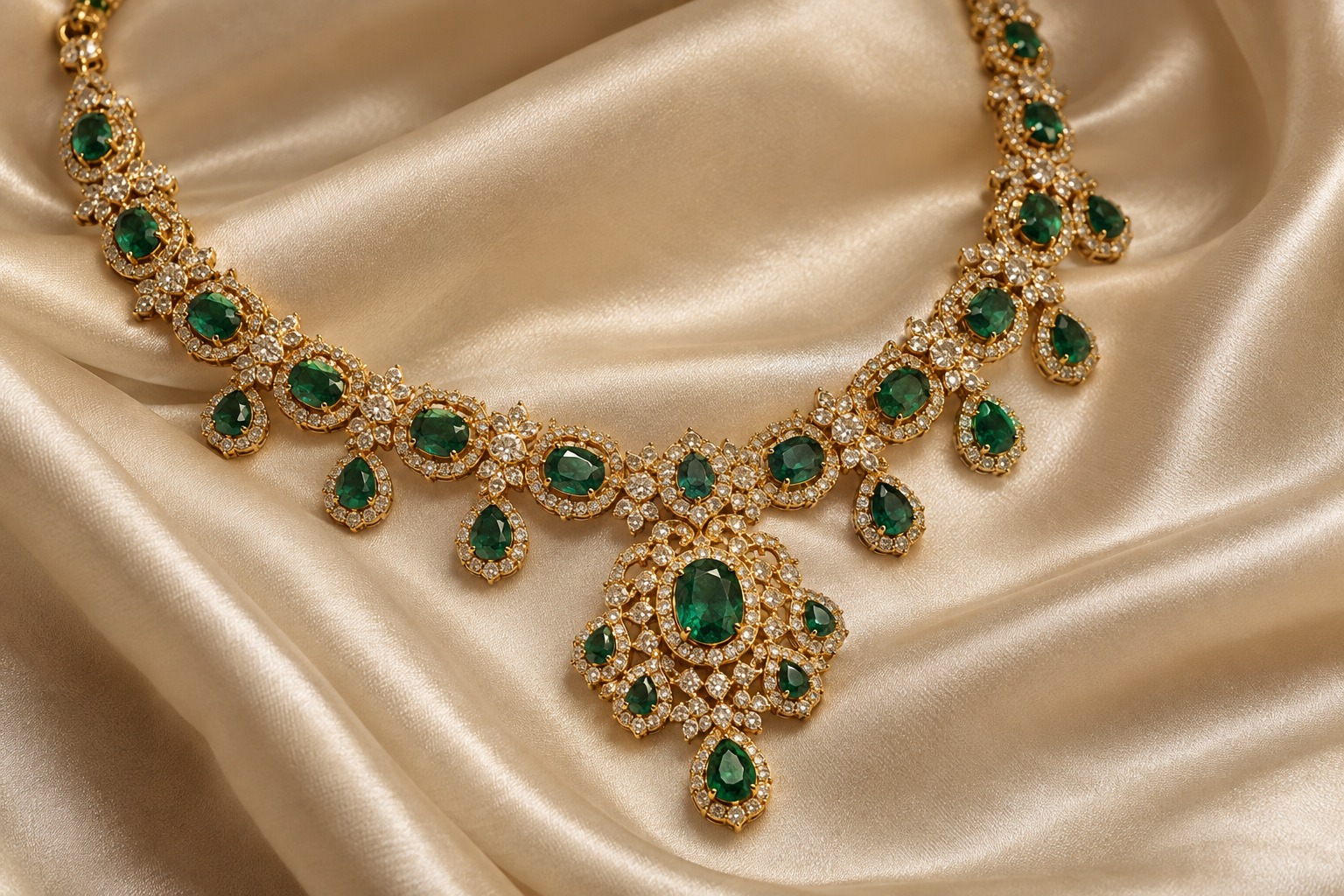 Handcrafted Indian gold and emerald necklace on ivory silk