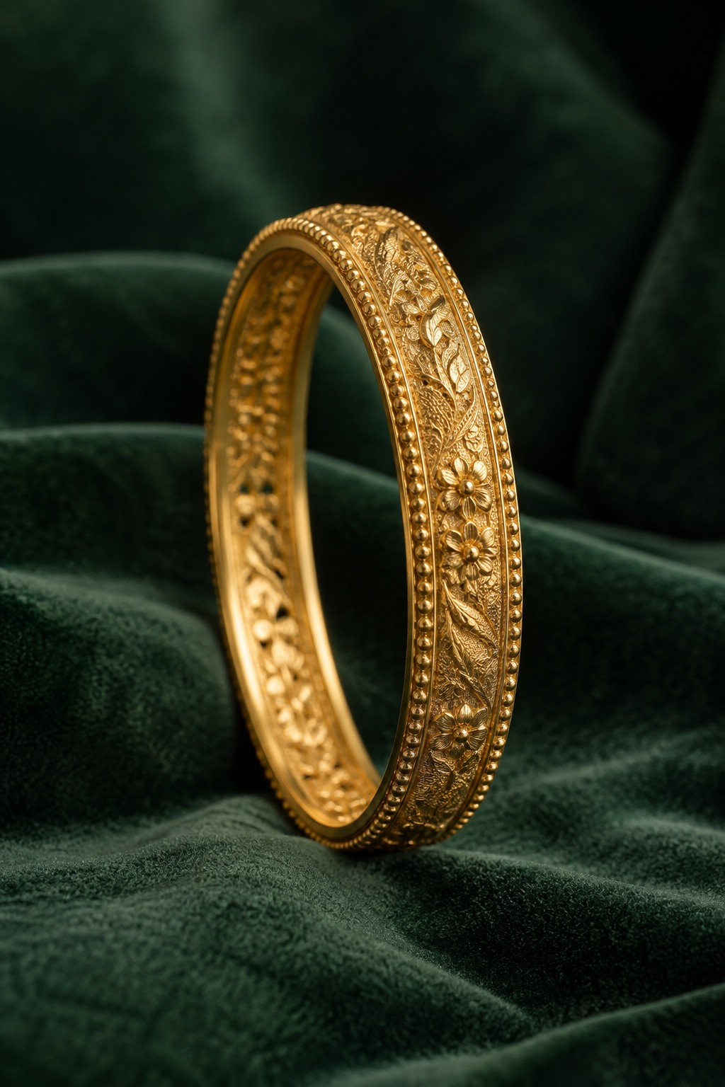 Handcrafted engraved gold bangle on deep emerald velvet