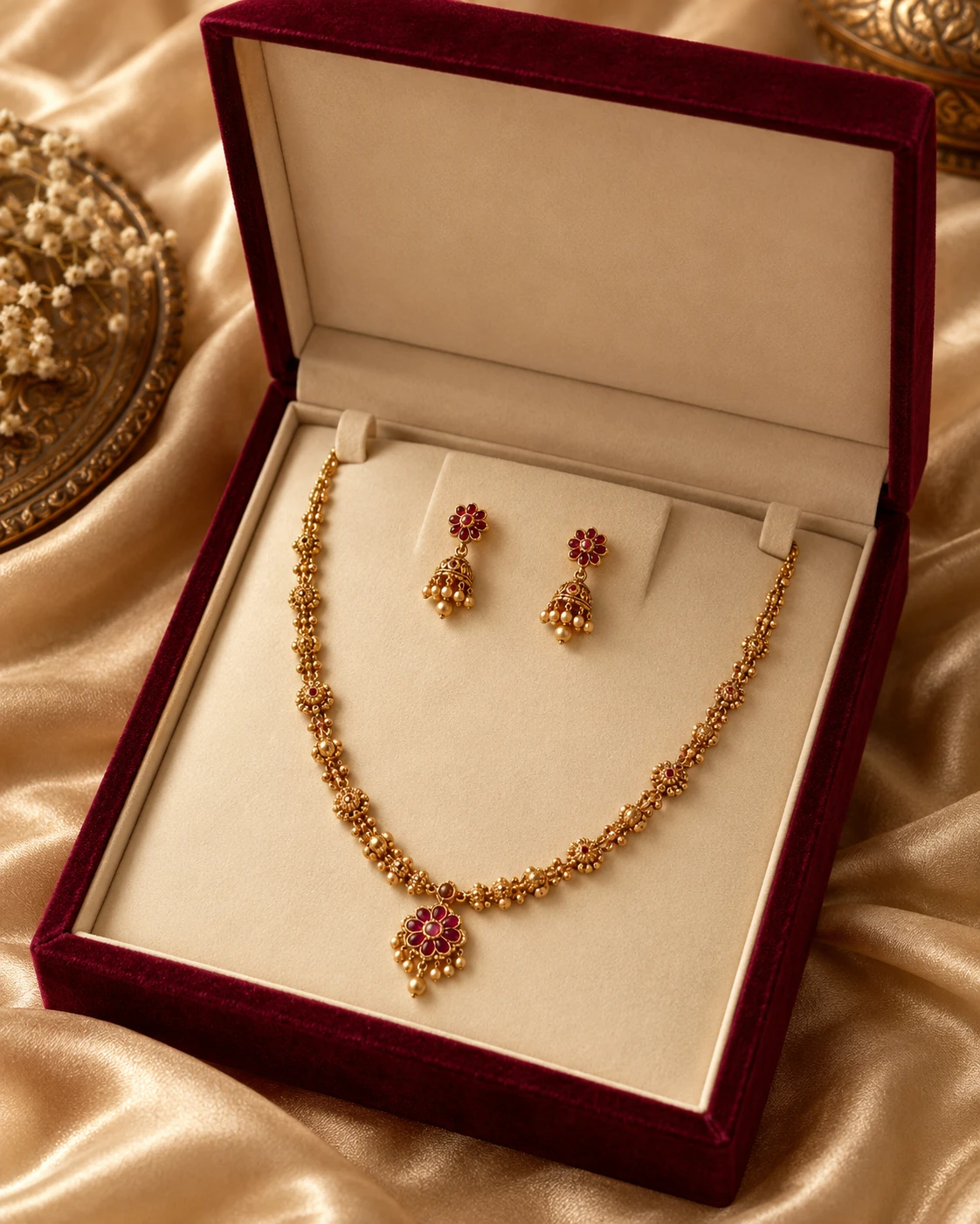 AI-generated concept of a gold-tone necklace and matching earrings in a burgundy presentation box