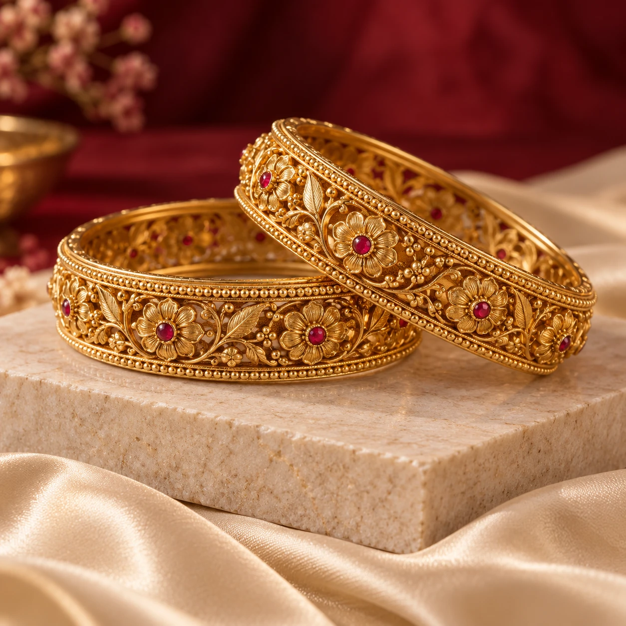 AI-generated concept of floral gold-tone bangles with red accents on an ivory plinth