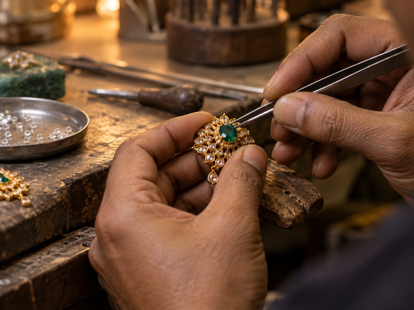 Jeweller's hands setting a green gemstone into a gold piece with tweezers