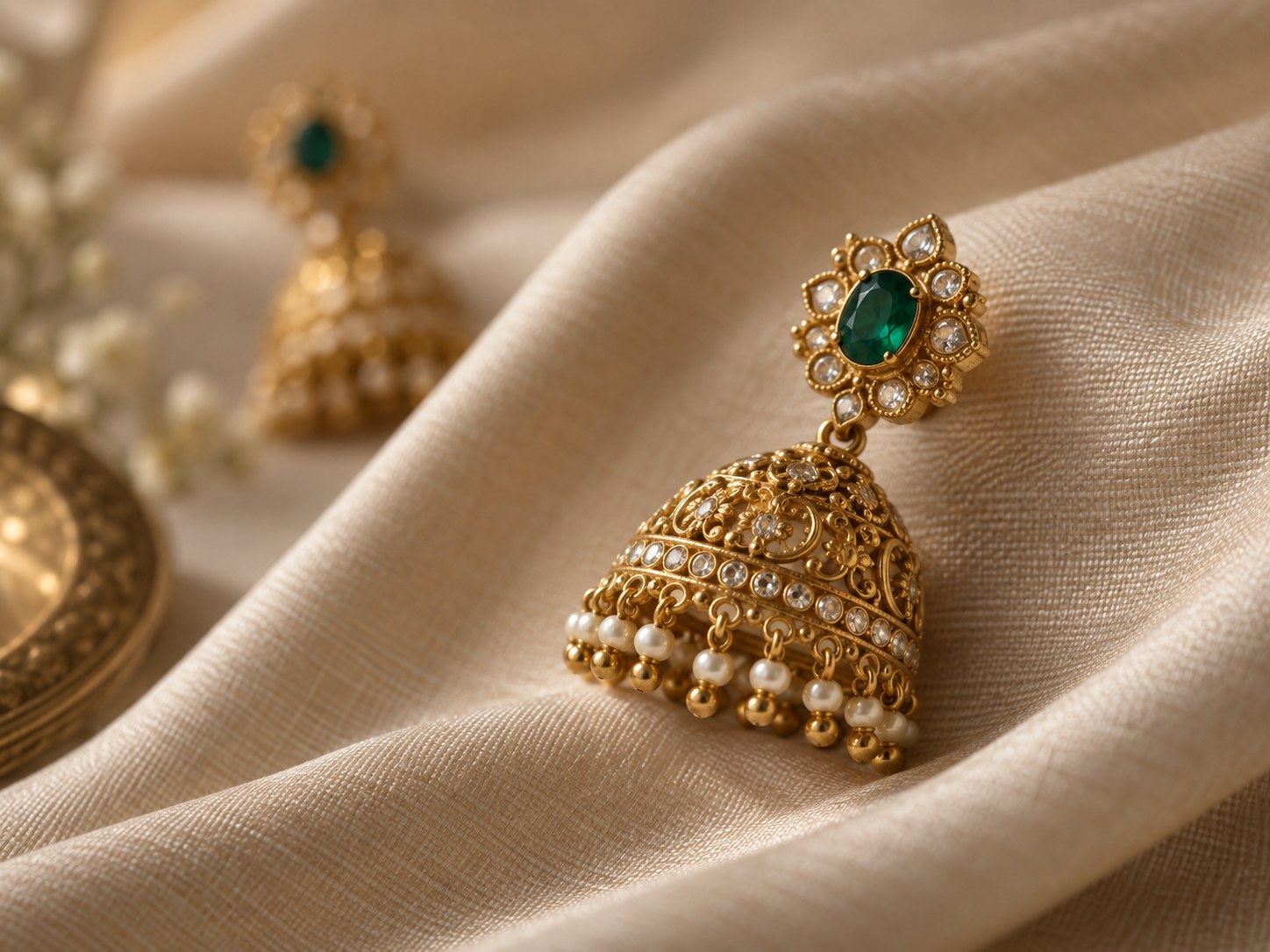 Gold jhumka earring with a green gemstone on champagne fabric