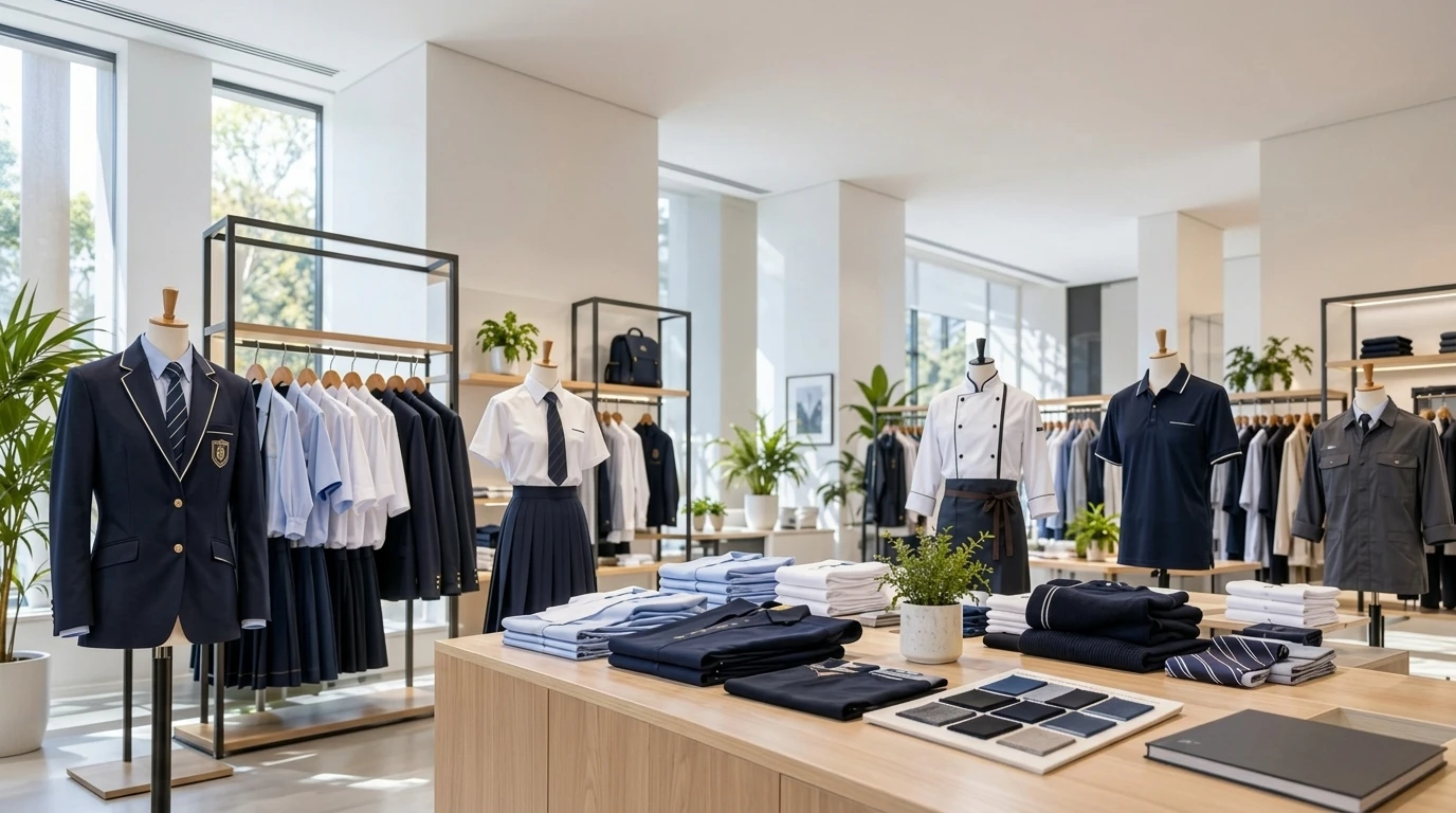 Concept uniform display with coordinated shirts, blazers and workwear