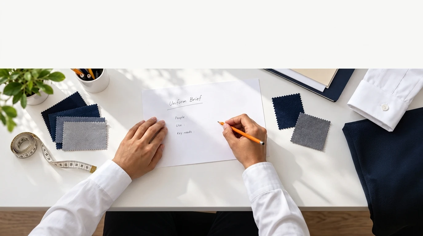 Concept image of hands preparing a uniform brief with fabric swatches and measuring tools.